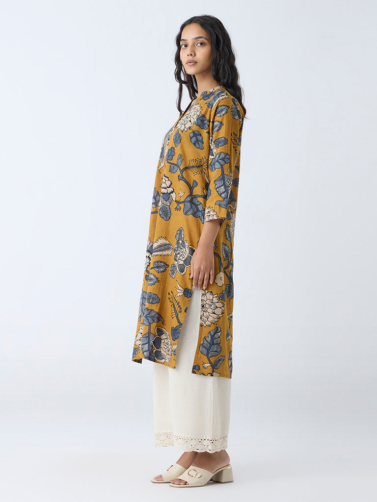 Westside Utsa Women's Mustard Foliage Printed Straight Kurta for Everyday Front View