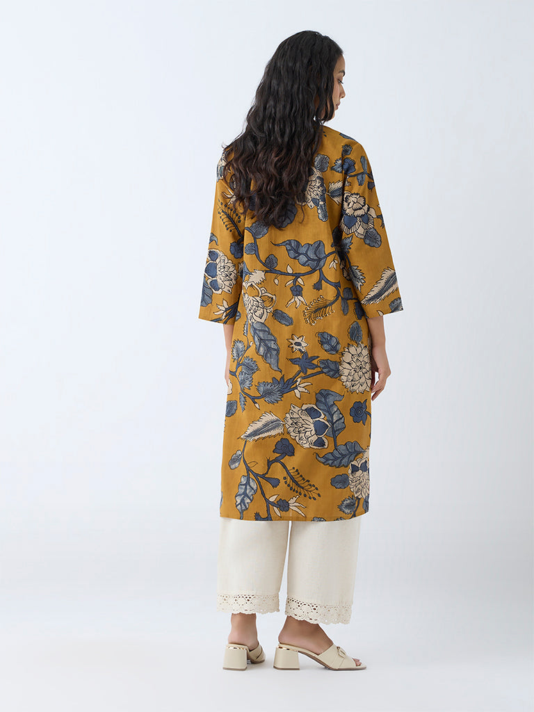 Westside Utsa Women's Mustard Foliage Printed Straight Kurta for Everyday Back View