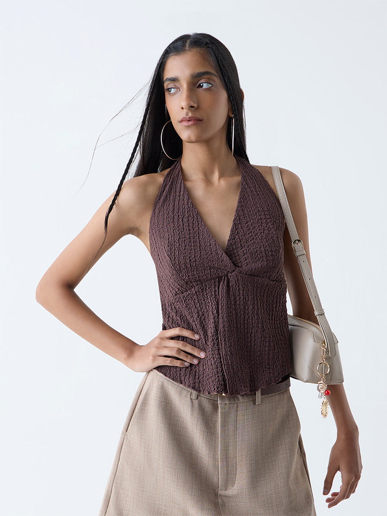 Westside Nuon Women's Brown Crinkle-Textured Halter-Neck Top for Casual Wear Full View