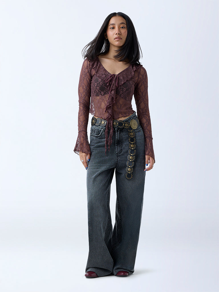 Westside Nuon Women's Dark Brown Lace Detailed Ruffled Top for Casual Wear Full View
