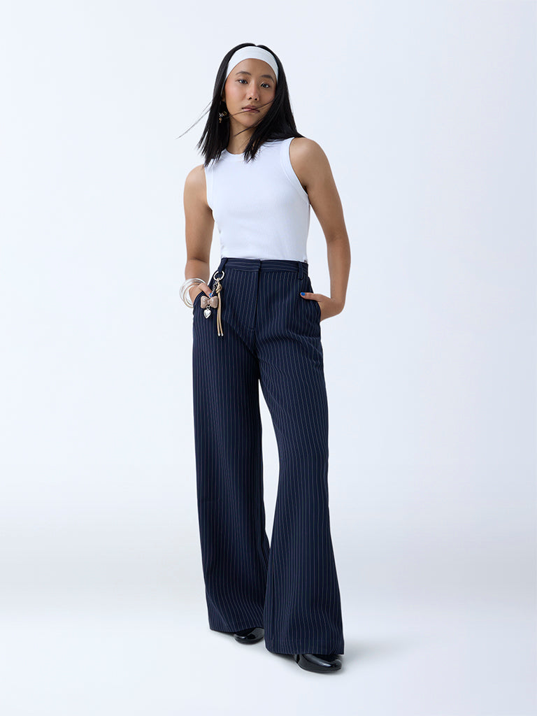Westside Nuon Women's Navy Pinstripe High-Rise Trousers for Casual Wear Full View