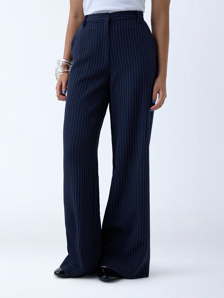 Westside Nuon Women's Navy Pinstripe High-Rise Trousers for Casual Wear Front view