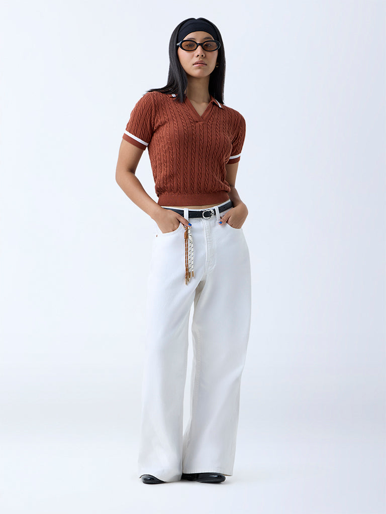 Westside Nuon Women's Brown Cable-Knit Cotton T-Shirt for Casual Wear Front View