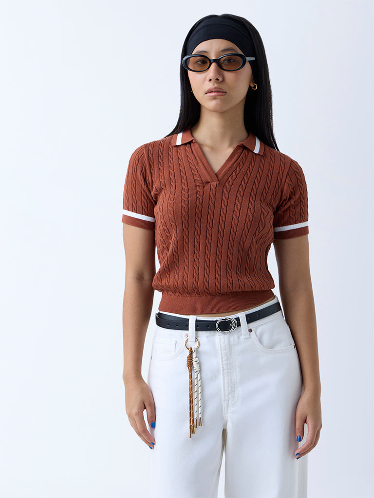 Westside Nuon Women's Brown Cable-Knit Cotton T-Shirt for Casual Wear Full View