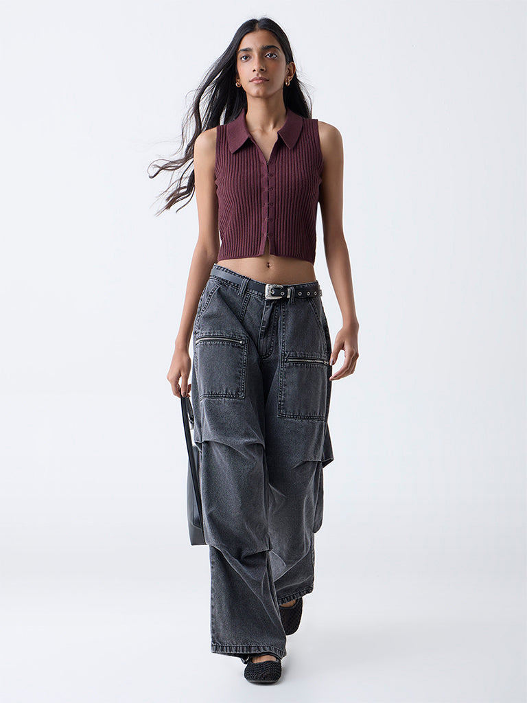Nuon Brown Self-Striped Top