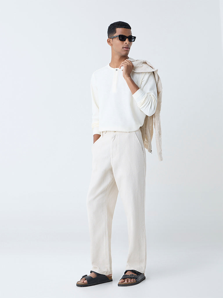 Westside ETA Men's Off-White Textured Relaxed-Fit Mid-Rise Cotton Chinos for Casual Wear Full View