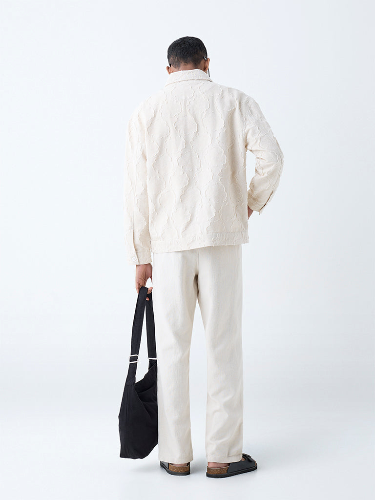 Westside ETA Men's Off-White Textured Relaxed-Fit Mid-Rise Cotton Chinos for Casual Wear Back View