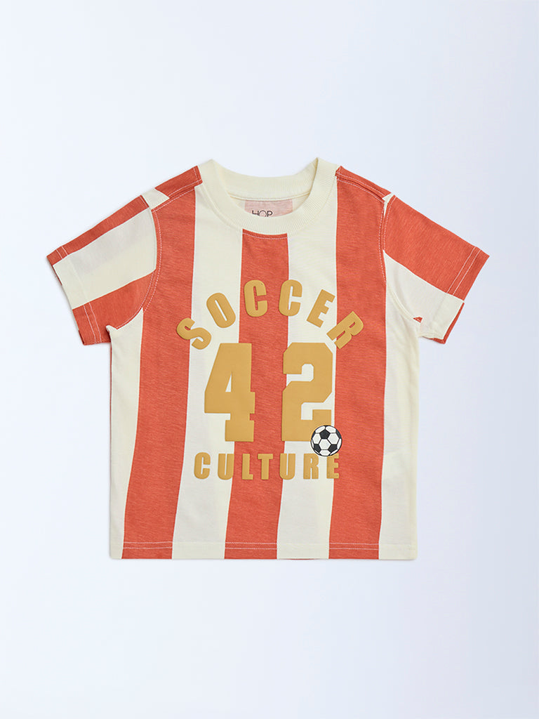 HOP Kids Boys Orange Striped Cotton T-Shirt