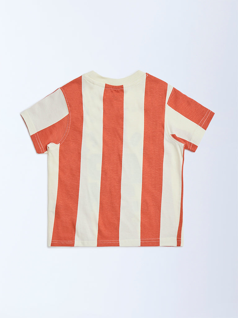 HOP Kids Boys Orange Striped Cotton T-Shirt