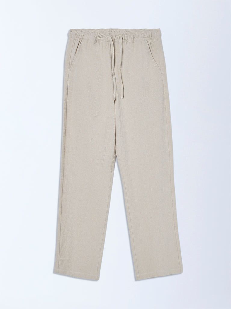 Boys Taupe Solid Mid-Rise Cotton Trousers
