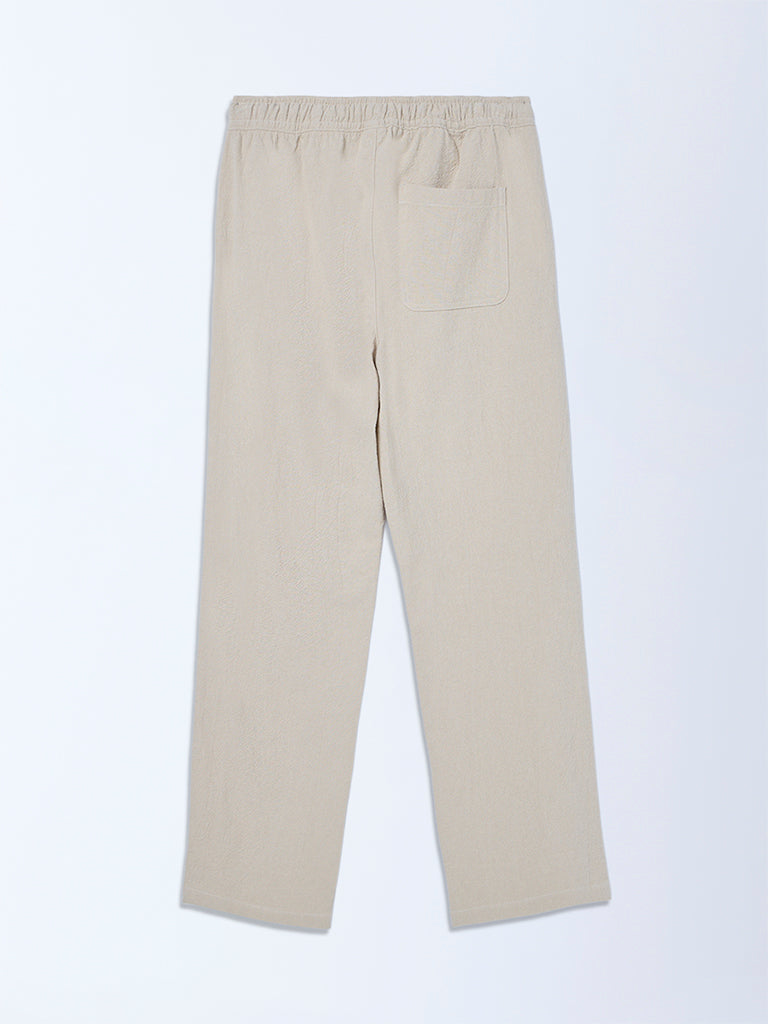 Boys Taupe Solid Mid-Rise Cotton Trousers