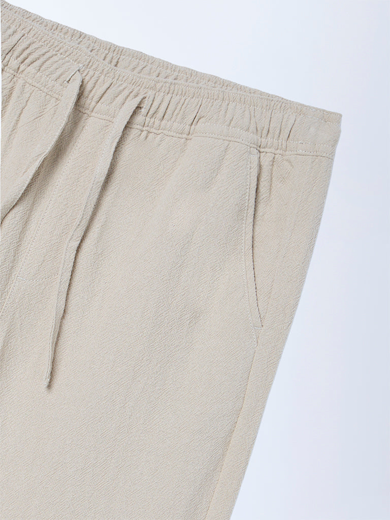 Boys Taupe Solid Mid-Rise Cotton Trousers