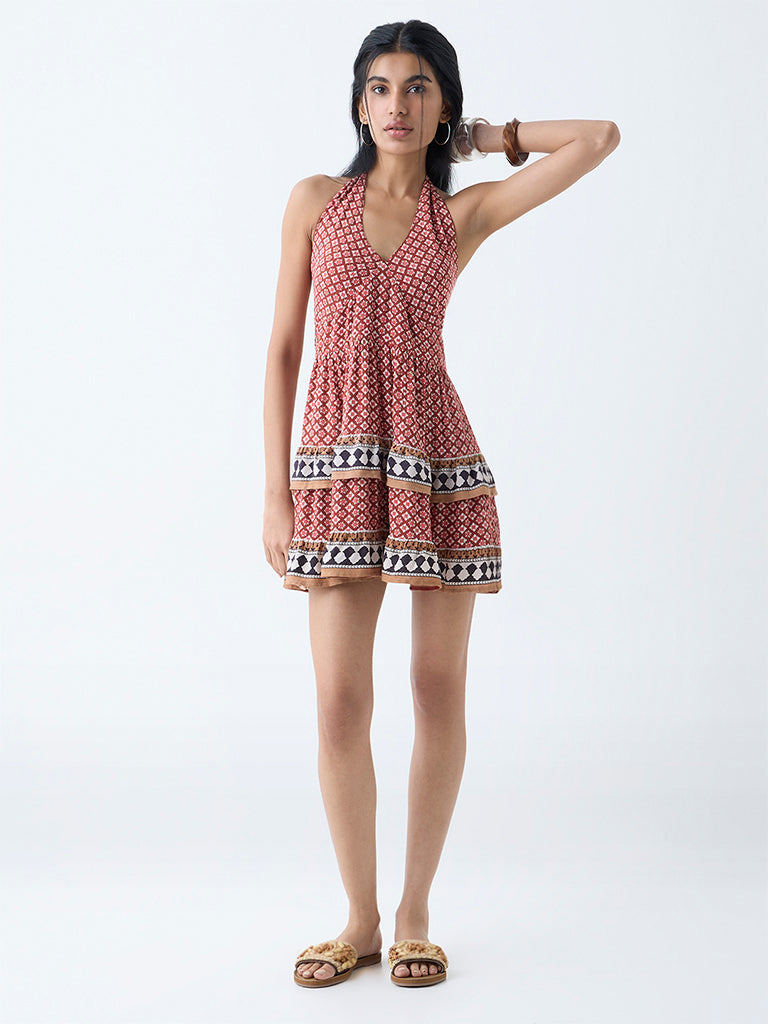 Westside Bombay Paisley Women's Brown Floral Halter-Neck A-Line Dress for Everyday Full View