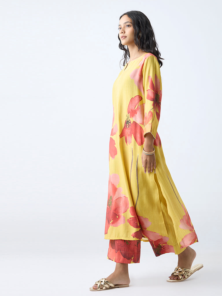 Westside Utsa Women's Yellow Floral Detailed A-Line Kurta for Work Wear Front View