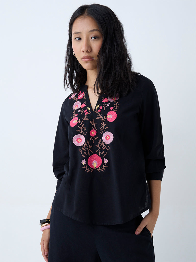 Westside Utsa Women's Black Floral Embroidered Cotton Top for Work Wear Front View