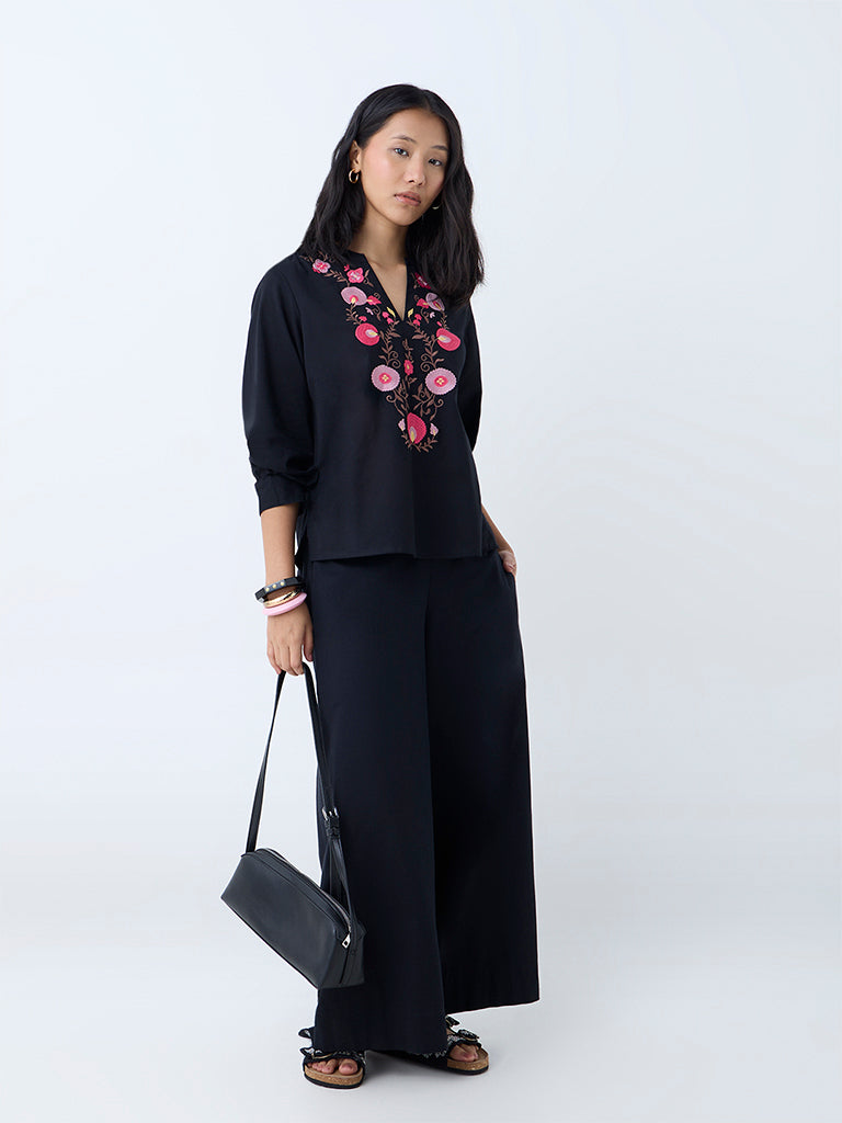 Westside Utsa Women's Black Floral Embroidered Cotton Top for Work Wear Full View