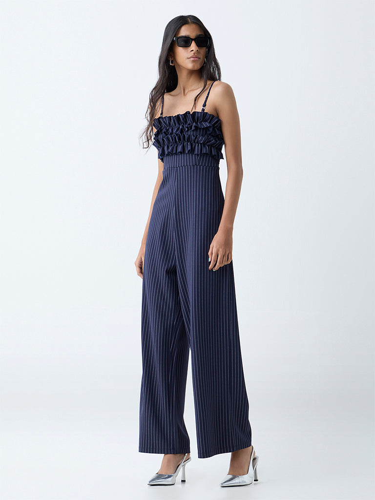 Westside Nuon Women's Navy Pinstripe Detailed Jumpsuit for Casual Wear Front view