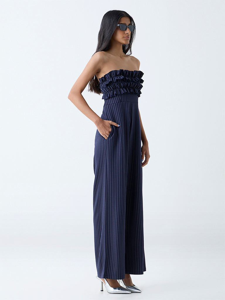 Westside Nuon Women's Navy Pinstripe Detailed Jumpsuit for Casual Wear Full View