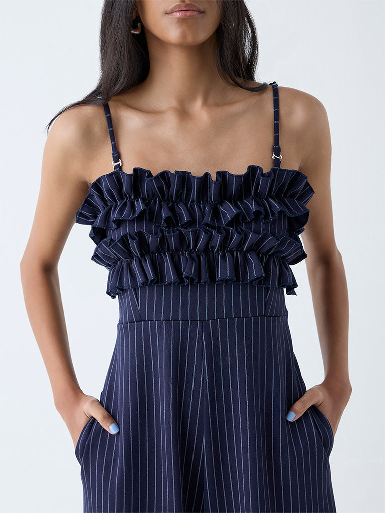 Westside Nuon Women's Navy Pinstripe Detailed Jumpsuit for Casual Wear Zoomed View