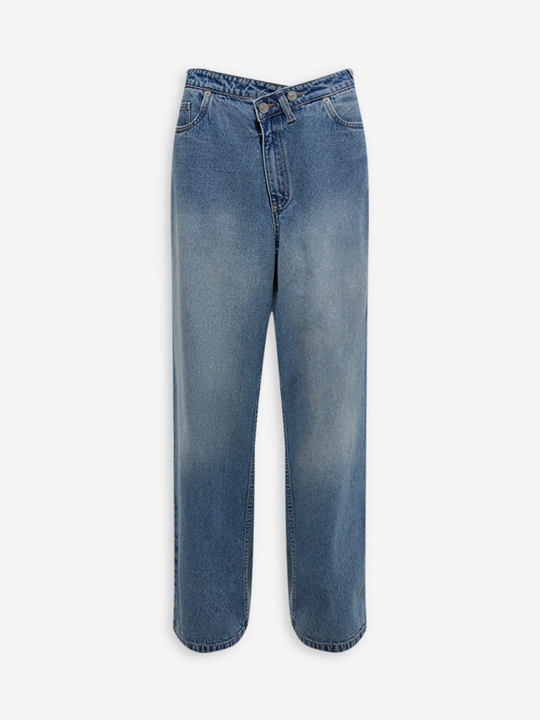 Westside Nuon Women's Blue Faded Wide-Leg Mid-Rise Jeans for Casual Wear Flatly