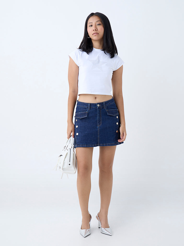 Westside Nuon Women's Dark Blue Mid-Rise Denim Skorts for Casual Wear Full View