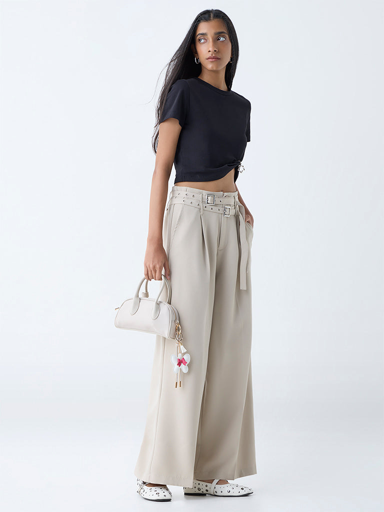 Westside Nuon Women's Beige Wide-Leg High-Rise Trousers with Belt for Casual Wear Full View