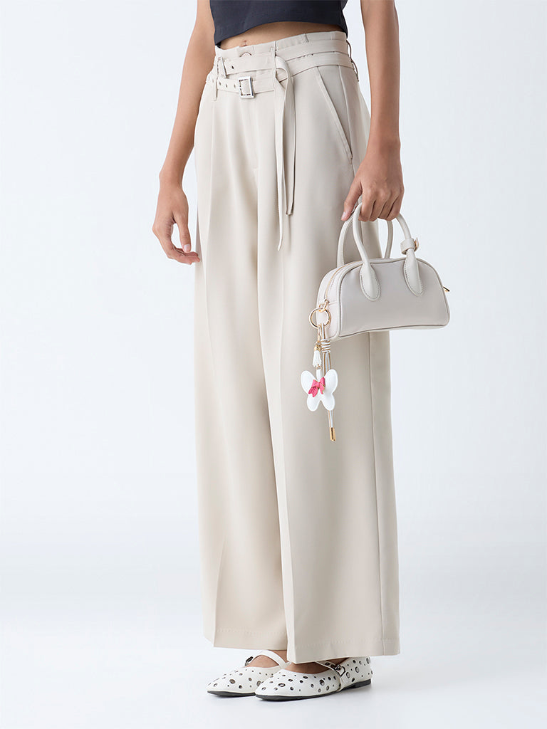 Westside Nuon Women's Beige Wide-Leg High-Rise Trousers with Belt for Casual Wear Front view
