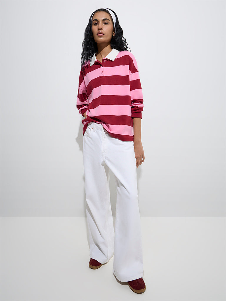 Westside Nuon Women's Pink Stripe Printed Cotton Polo T-Shirt for Casual Wear Full View