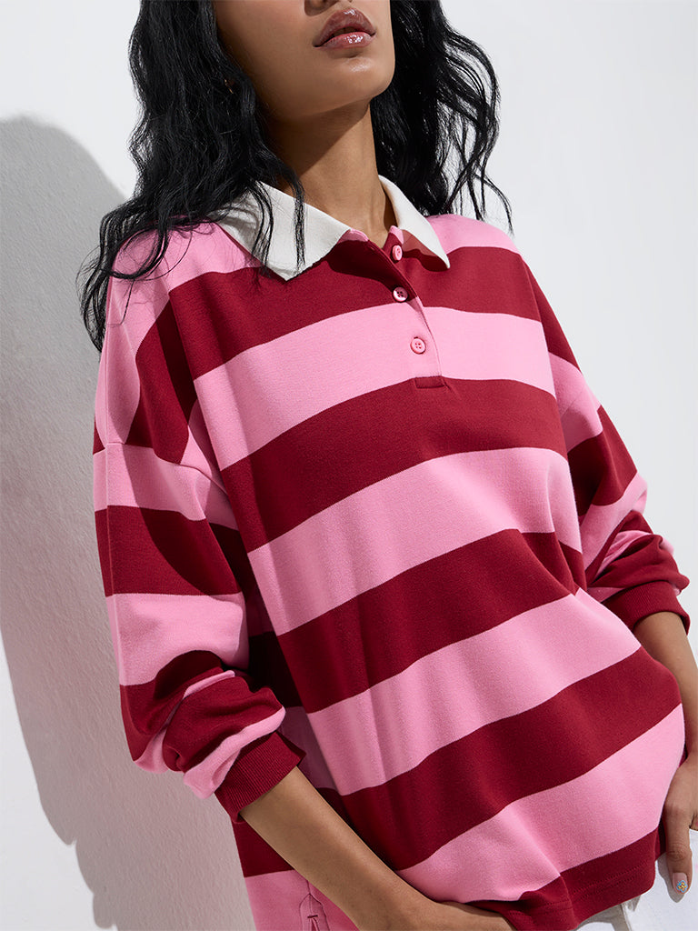 Westside Nuon Women's Pink Stripe Printed Cotton Polo T-Shirt for Casual Wear Zoomed View