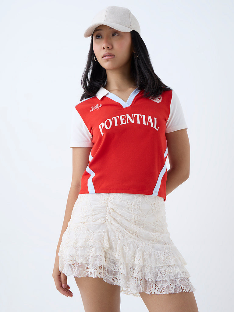Westside Nuon Women's Red Text Detailed Cotton-Blend T-Shirt for Casual Wear Front view