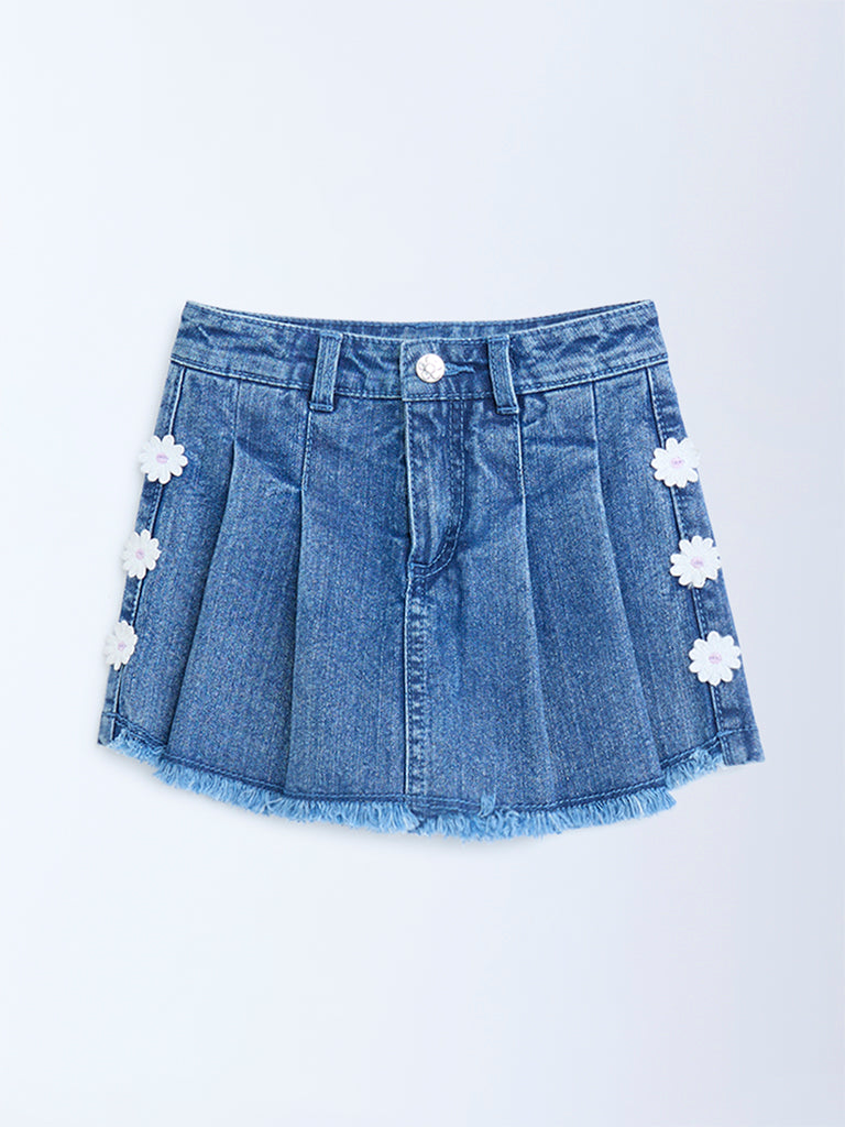 HOP Kids Girls Blue Floral Applique High-Rise Denim Skorts