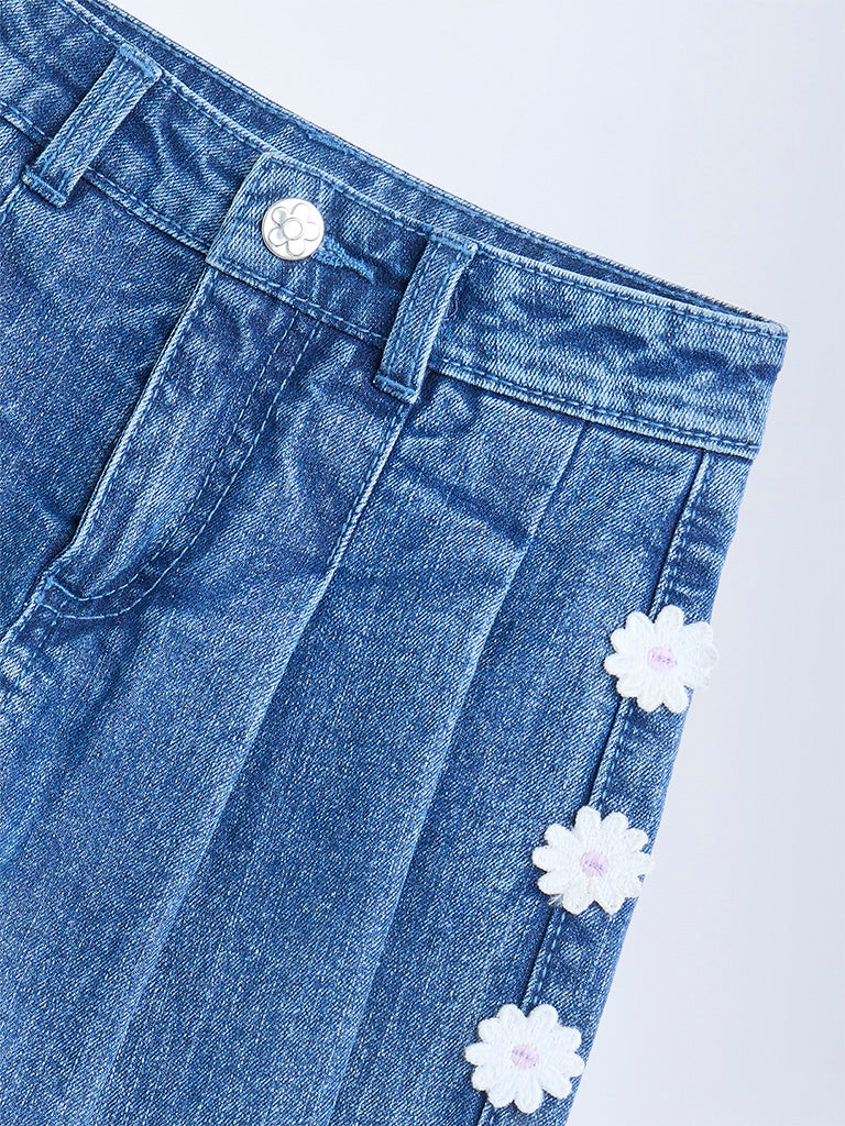HOP Kids Girls Blue Floral Applique High-Rise Denim Skorts