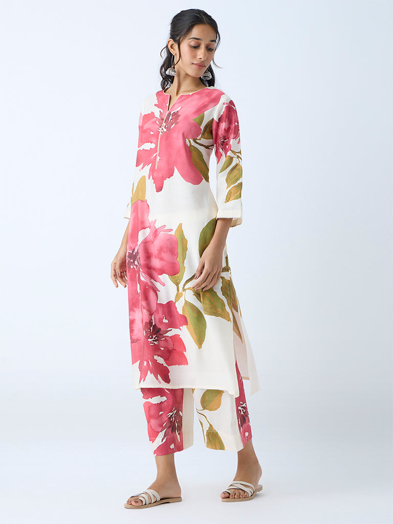 Westside Utsa Women's Pink Botanical Design A-Line Kurta for Work Wear Front View