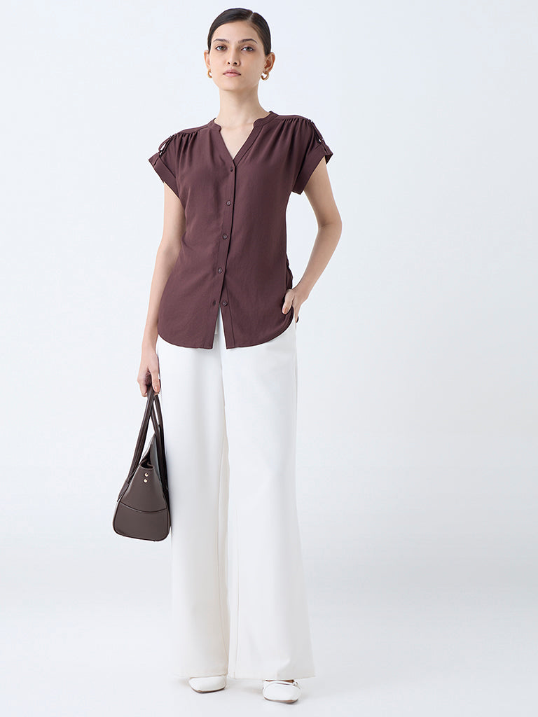 Westside Wardrobe Women's Dark Brown Solid Shirt for Work Wear Full View