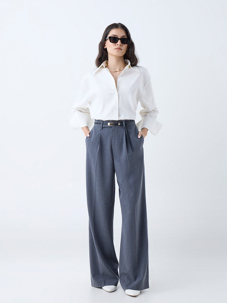 Westside Wardrobe Women's Grey Self-Striped High-Rise Trousers for Work Wear Full View