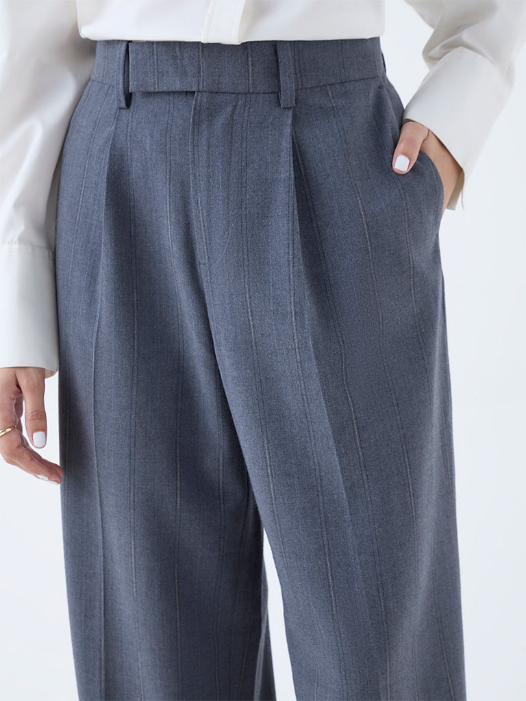 Westside Wardrobe Women's Grey Self-Striped High-Rise Trousers for Work Wear Zoomed View