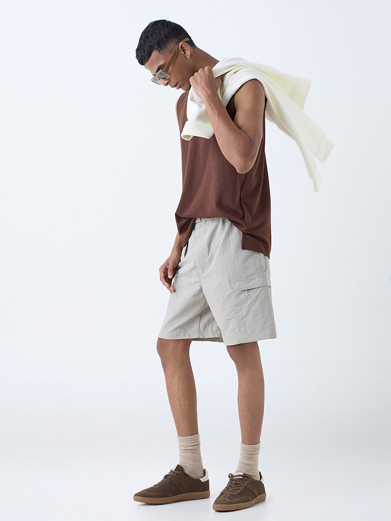 Westside Studiofit Men's Taupe Relaxed-Fit Mid-Rise Shorts for Sports Wear Full View