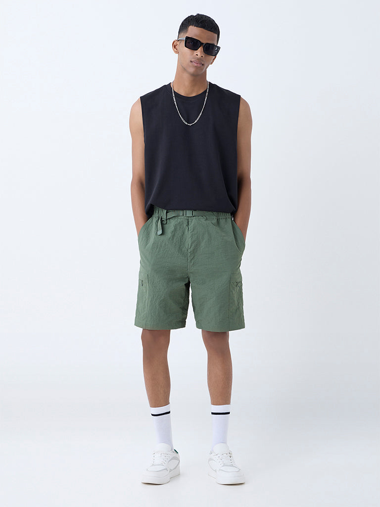 Westside Studiofit Men's Olive Relaxed-Fit Mid-Rise Shorts for Sports Wear Full View