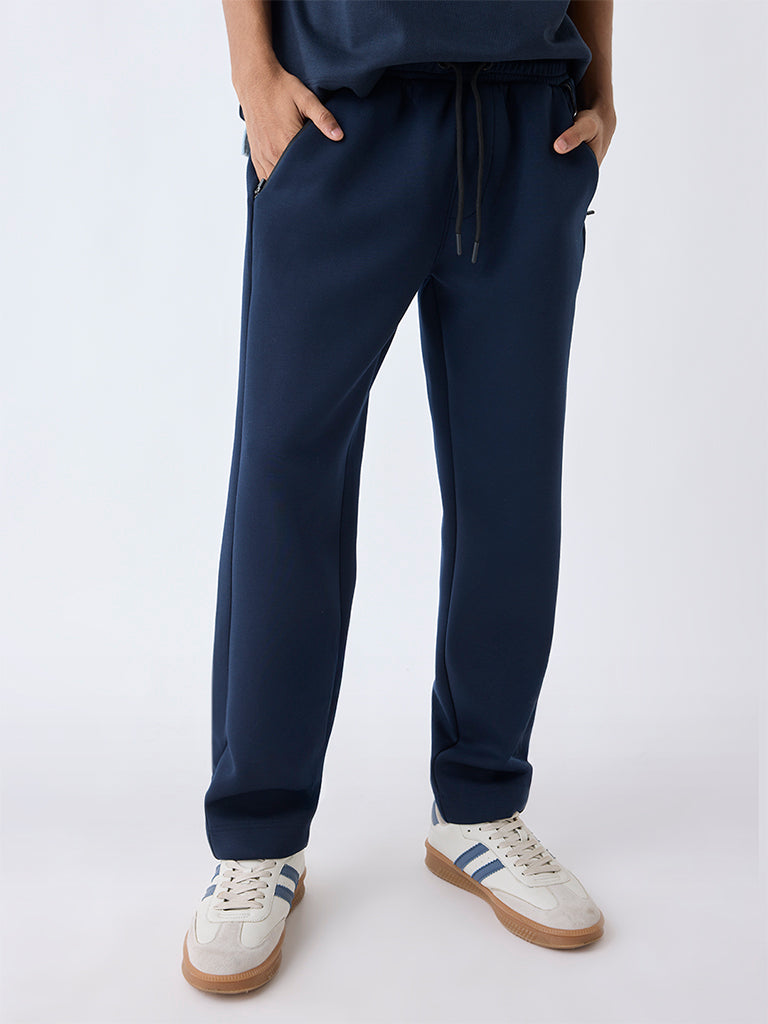 Studiofit Navy Solid Relaxed-Fit Mid-Rise Track Pants