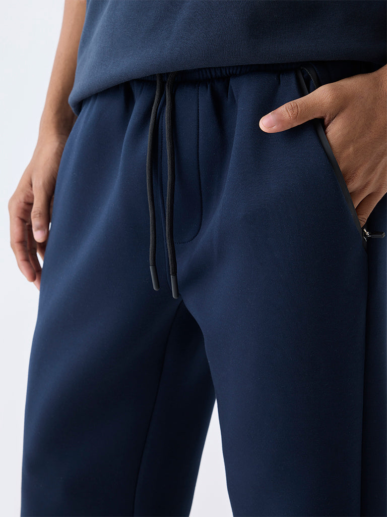 Studiofit Navy Solid Relaxed-Fit Mid-Rise Track Pants