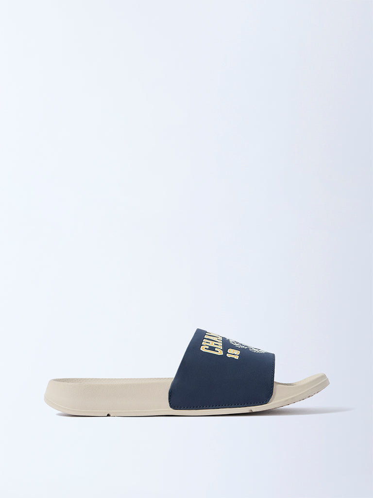 Westside SOLEPLAY Men's Navy Text Detailed Pool Slides for Casual Wear Side View