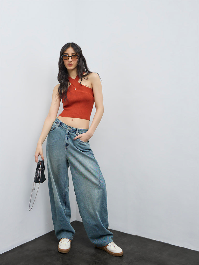 Nuon Rust Ribbed-Textured Halter-Neck Top