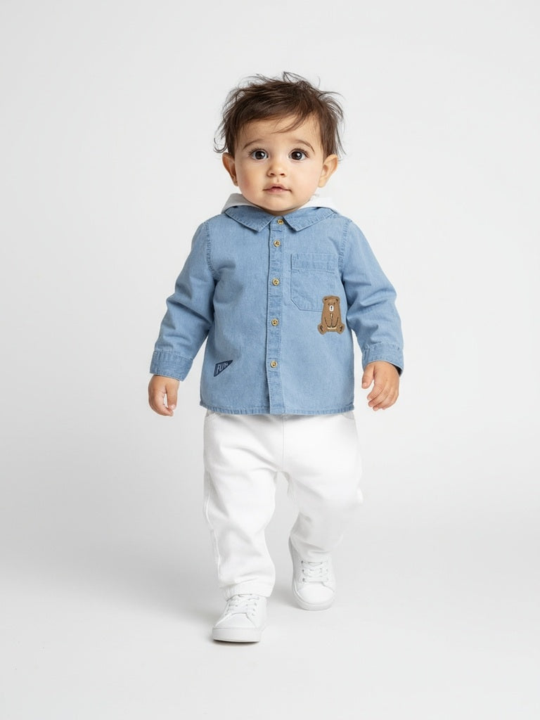Westside HOP Baby Boys Blue Denim Shirt with Hood for Casual Wear Full View