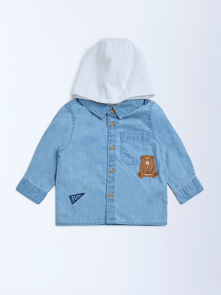 Westside HOP Baby Boys Blue Denim Shirt with Hood for Casual Wear Front view