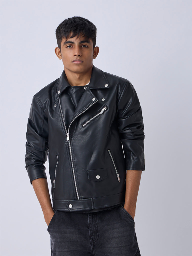 Boys Black Faux-Leather Jacket