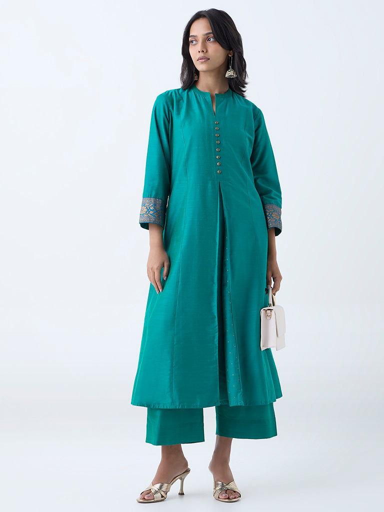 Westside Utsa Women's Green Solid A-Line Kurta for Work Wear Front view