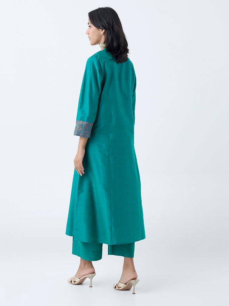 Westside Utsa Women's Green Solid A-Line Kurta for Work Wear Back View