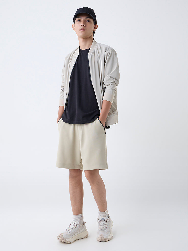 Westside Studiofit Men's Beige Solid Relaxed-Fit Mid-Rise Shorts for Sports Wear Full View