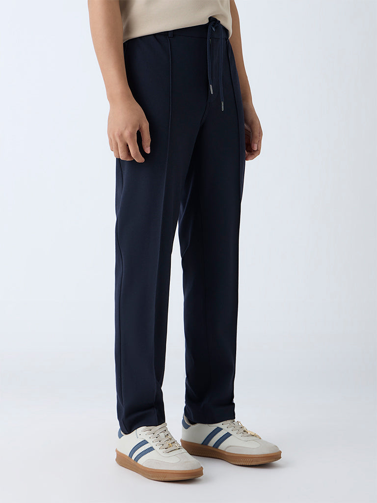 Studiofit Navy Solid Relaxed-Fit Mid-Rise Cotton Pants