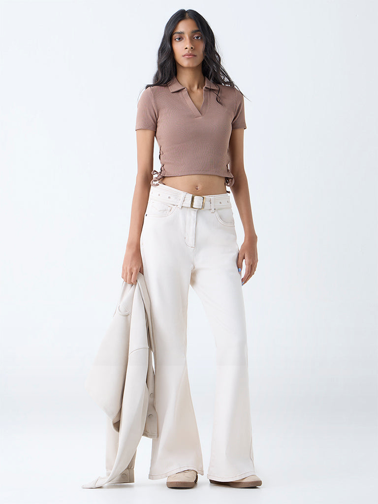 Westside Nuon Women's Off-White Mid-Rise Bootcut Jeans with Belt for Casual Wear Full View
